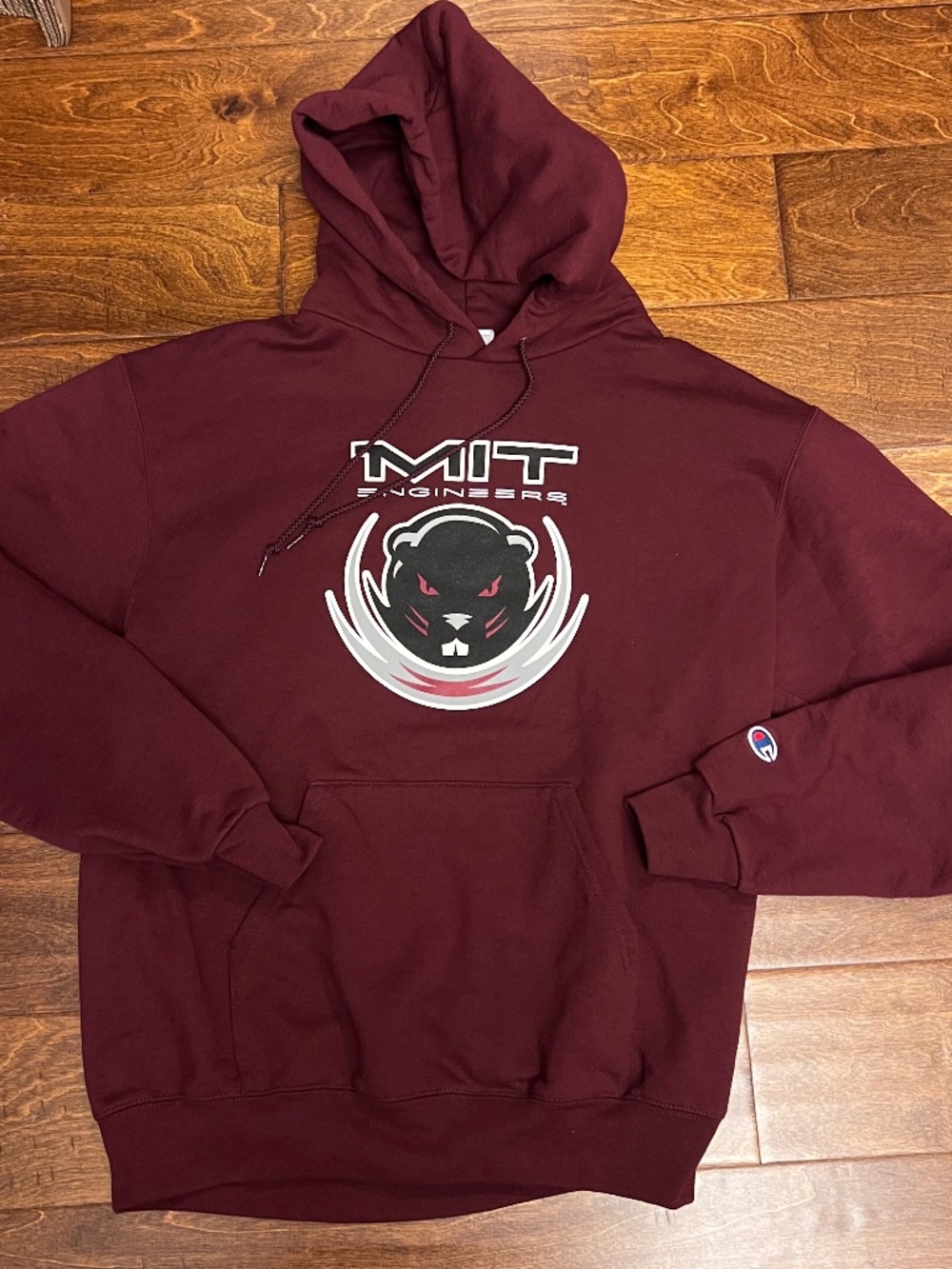 Champion MIT Engineers Burgundt Hooded Sweatshirt Front Pocket Sleeve logo med